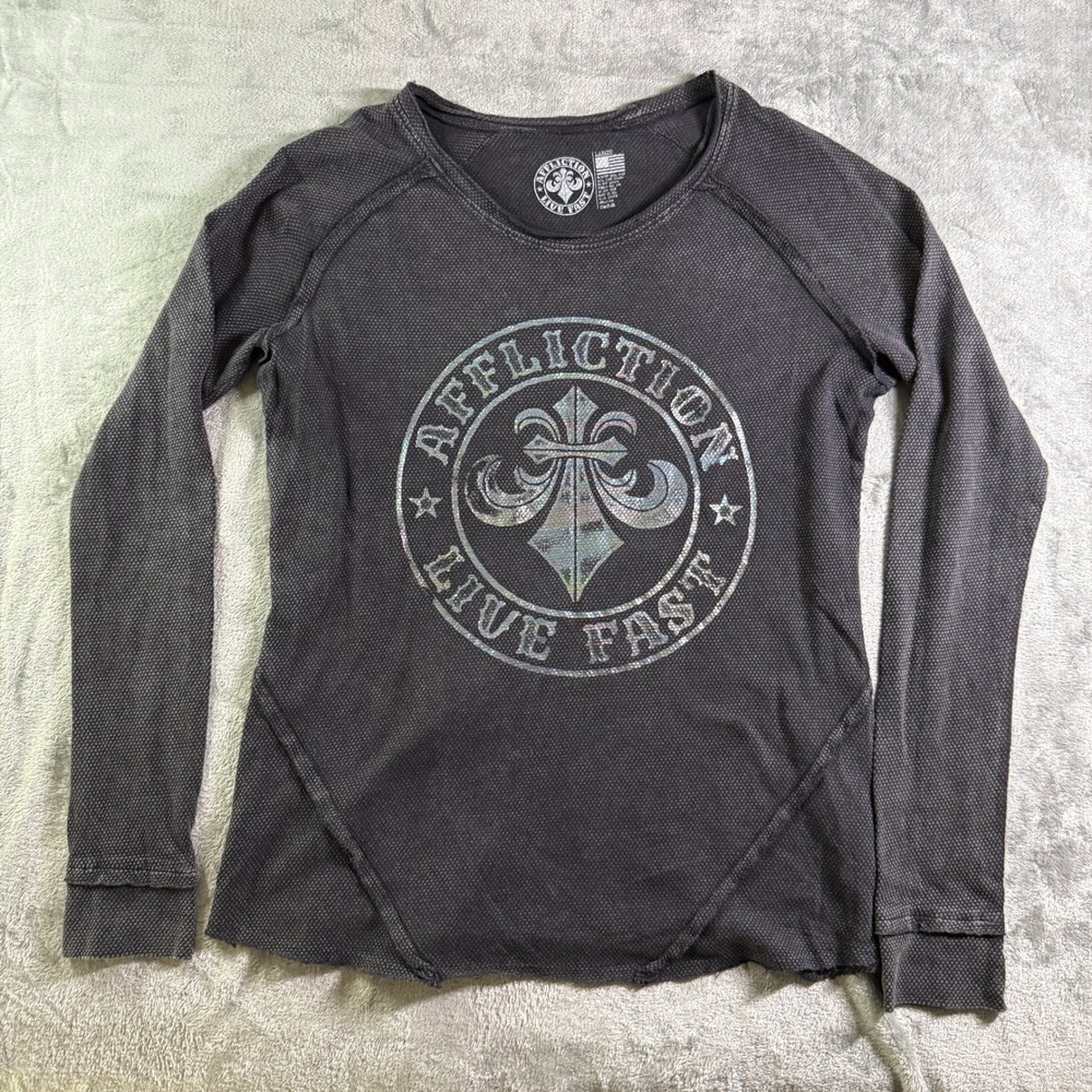 Y2K Affliction Live Fast Long Sleeve Graphic Top Thermal Knit Gray Large